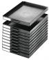 Preview: The image shows a stack of ten black trays. Each tray has a side handle and a white labeling area at the front. The trays are neatly stacked on top of each other.