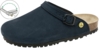 Preview: The image shows a blue clog with a saddle strap and a solid, non-slip outsole. The insole appears soft and comfortable. A small icon at the top left indicates an adjustment option.