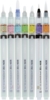 Preview: The image shows seven transparent pens in a row. Each pen has a different tip shape and color code, with a print on the body indicating the brand.