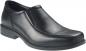 Preview: The shoe is an elegant, black loafer made of smooth leather. It has a flat sole and no laces. The shape is slightly rounded and features side elastic inserts.