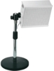 Preview: The image shows a table lamp with a square, white lampshade mounted on an adjustable metal frame. The base is round and black.