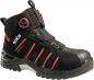 Preview: The shoe is a sturdy, black safety boot with red accents. It has a tall shape, padded areas, a robust sole, and a quick lacing system for secure fit.