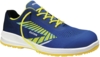 Preview: The shoe is modern and sporty, in blue with yellow laces and bright accents. It has a shiny upper and a non-slip, textured sole.