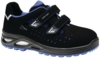 Preview: The shoe is black with blue accents. It has two wide Velcro straps and a textured sole. The area around the toes is ventilated, making it lightweight and breathable.