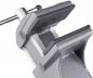 Preview: The image shows a gray metal vise. It has two parallel jaws that can be opened and closed to hold objects in place. An adjustment screw is visible.