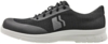 Preview: The shoe is sporty, made of lightweight, black mesh material with gray accents. It features a white, flexible sole and laces. The shape is modern and sleek.