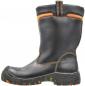 Preview: The image shows a tall, black leather work boot with orange accents. It has a sturdy rubber sole and a strong upper. There is a pull loop at the back.