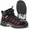 Preview: The image shows a tall black shoe with red accents. It has a sturdy sole with a rough tread and a padded tongue. The shoe is ideal for outdoor activities.