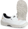 Preview: The image shows a white work or safety shoe with a flat, non-slip sole. The upper part is smooth, featuring a wide, elastic band and a small, red brand mark.