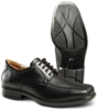 Preview: The image displays a black leather shoe with lacing. It has a smooth surface and a slightly textured sole. The heel is lower and the shoe appears elegant and formal.