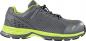 Preview: The shoe is sporty, in gray with bright green accents. It has a breathable surface, a cushioned sole, and a reinforced toe cap for protection.