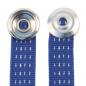 Preview: The image shows two blue fabric strips with metal buttons at the ends. The strips are jagged and have small white dots. The buttons are round and shiny, with a hole in the center.