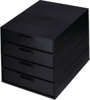 Preview: The image shows a square, black dresser with four equally sized drawers. Each drawer has a simple handle, and the surface is smooth and flat.