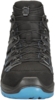 Preview: The image shows a tall, black hiking boot. It features a textured upper with blue accents, secured laces, and a sturdy, treaded sole in blue.