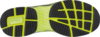 Preview: The image displays the underside of a sports shoe. The sole features a striking pattern of black and bright yellow rubber zones, which provide good grip and cushioning.