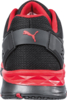 Preview: The image shows the rear view of a sports shoe. The shoe is predominantly black with red accents. It has a padded heel and a prominent logo of a famous sports brand manufacturer.