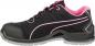 Preview: The shoe is black with pink accents. It has a sporty shape, breathable material, and a gray, non-slip sole. The shoelaces are also black.