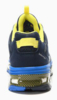 Preview: The shoe features a sturdy, cushioned sole in blue and black. The upper is dark blue with yellow accents. The back is raised to provide good support.