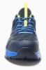 Preview: The shoe is a sporty sneaker in blue and gray with yellow accents. It has a padded sole and a breathable upper as well as striking laces.