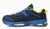 Preview: The shoe is a sporty sneaker in black with blue and yellow accents. It has a sleek shape, a padded sole, and a non-slip surface for good grip.