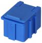 Preview: The image shows a small, square, blue plastic box with a flat lid. The sides have rounded corners and small indentations.