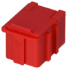 Preview: The image shows a small, square, red plastic container with a lid. The container has indentations on the sides that give it a textured surface.