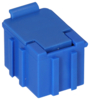 Preview: The image shows a small, rectangular, blue plastic container with a lid. There are vertical grooves on the sides, and the lid has a protruding flap.