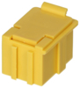 Preview: The image shows a yellow plastic plug. It has a rectangular shape with a flat top and side grooves. A small flap on top allows it to be opened.