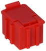 Preview: The image shows a small, red plastic container. It has a rectangular shape with a slightly rounded top and side grooves that give it structure.