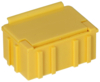 Preview: The image shows a small, yellow plastic box with a flat lid. The box has vertical ridges on the sides and appears sturdy and stable.