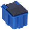 Preview: The image shows a small, square box in bold blue with a black top. On the sides are two small, protruding elements that could serve as mounts.