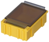 Preview: The image shows a yellow container with a transparent lid. The lid has a metal clasp on one side. The container appears sturdy and functional, likely for storing materials.