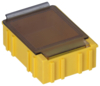 Preview: The image shows a rectangular, yellow box with a transparent, brown cover. The box has vertical ridges on the sides and a metal flap on top.