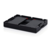 Preview: The image displays a flat, rectangular black packaging or holder with red markings. It features recesses and a sturdy surface that make it appear stable.