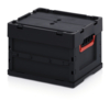 Preview: The image shows a black storage box with a sturdy, padded lid. On one side, there is a red carrying handle. The box is rectangular in shape and made of durable plastic.