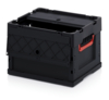 Preview: The image shows a black plastic box. It has an open top, a red handle, and a textured side with diamonds. The box is sturdy and easily portable.