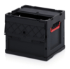 Preview: The image shows a black plastic box with a lid. It has a red carrying handle, a textured front, and is sturdy. The box is rectangular and can be used for transport.