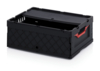 Preview: The image shows a black plastic box with an open lid. It has a crisscross diamond pattern on the sides and red handles. The box is practical for transportation and storage.