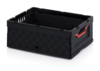 Preview: The image shows a black plastic box with a red handle. The box has a rectangular shape, open sides for ventilation, and is sturdy for storing items.