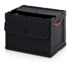 Preview: The image shows a black plastic box. It has a square shape with a top lid and one side featuring a diamond-shaped structure. A red handle is visible.