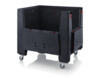 Preview: The image shows a black, square plastic container with open sides and four wheels. It is sturdy, has corners, and a low wall height, ideal for transporting items.