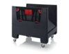 Preview: The image shows a black rolling cabinet with a red handle. It has a rectangular shape, wheels on the bottom, and is slightly open to reveal the interior structure.