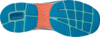 Preview: The image displays the sole of a sports shoe. It is predominantly blue with orange-colored and textured areas. The sole features diamond-shaped and parallel grooves for improved grip.