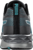 Preview: The image shows the rear view of a sporty sneaker. It is primarily in gray with turquoise accents. On the heel, the word "PUMA" is written in vertical alignment.