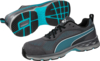 Preview: The image displays a pair of athletic shoes in black with turquoise accents. The sole is treaded for good grip, and the upper material features a light, breathable texture.