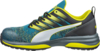 Preview: The shoe is a sporty sneaker with a green and blue upper. It has black laces, a silver sideline, and a thick, gray sole with yellow accents.