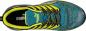 Preview: The image shows a sports shoe from above. It features a colorful upper in turquoise and yellow, with black laces and a sturdy, non-slip sole. The shoe is narrower at the forefront.