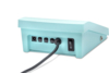 Preview: The image shows the back of a turquoise-colored device. It has multiple ports for cables and a power switch. A black cable is plugged in. The shape is rectangular and flat.