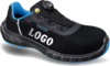 Preview: The shoe is black with blue accents and has a sturdy sole. On the side, there is a logo "LOGO". It has a comfortable shape and a quick lace-up system.