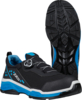 Preview: The image displays a shoe with a modern design. It is predominantly black with blue details. The sole features a textured pattern for improved grip. There is a closable mechanism on the top.